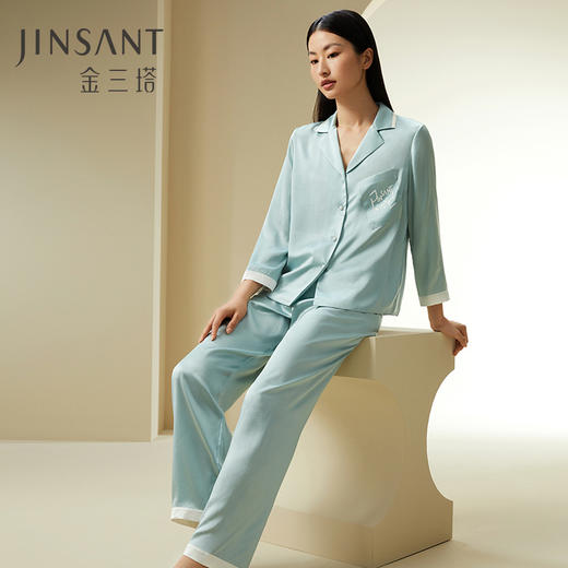 金三塔19姆米重磅蚕丝弹力双乔简约时尚刺绣衣裤套家居服真丝睡衣  YSFDC210 商品图0