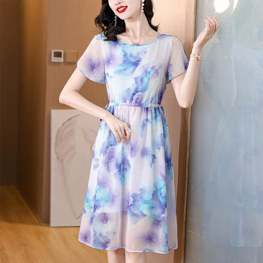 时尚优雅，夏季新款短袖气质收腰水墨印花法式雪纺连衣裙AHM-ybb5059 商品图0