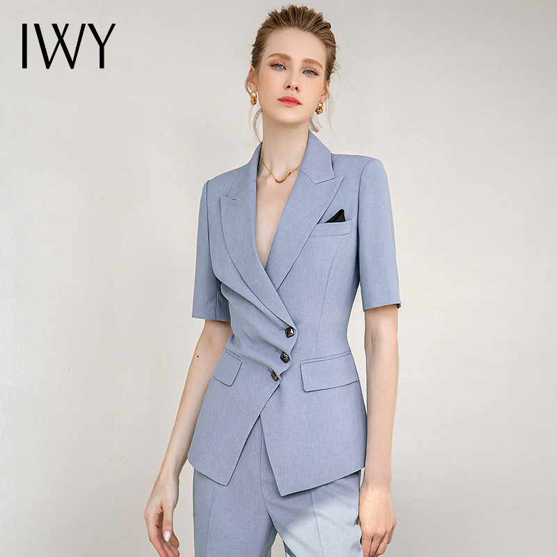 IWY/蓝色短袖西装小脚裤套装女气质正装职业装时尚设计感西装套装女232013CP1