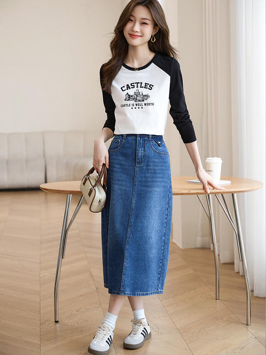 【49元福袋不支持退换】熙世界美式复古印花长袖T恤女2025早秋修身显瘦圆领内搭打底上衣 商品图3