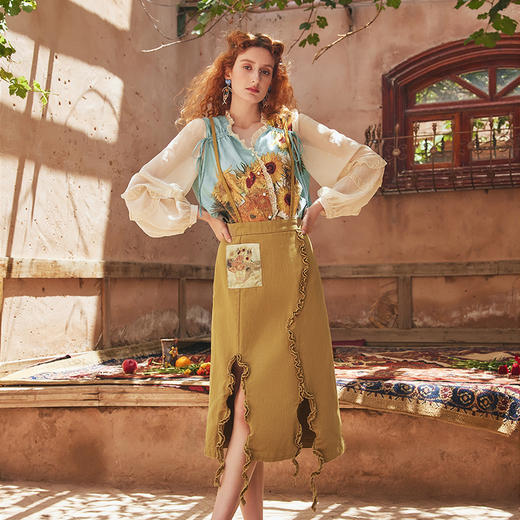 两三事梵高艺术浪味嬉皮夏季印花木耳边开叉背带半身裙 商品图2