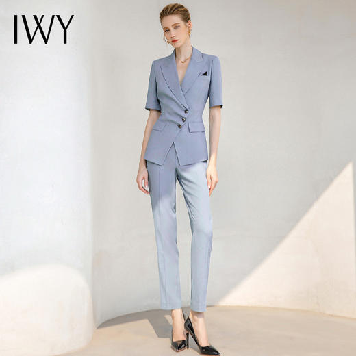 IWY/蓝色短袖西装小脚裤套装女气质正装职业装时尚设计感西装套装女232013CP1 商品图4