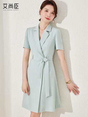 艾尚臣绿色职业连衣裙夏季新款气质通勤风职场白领主持人工作制服