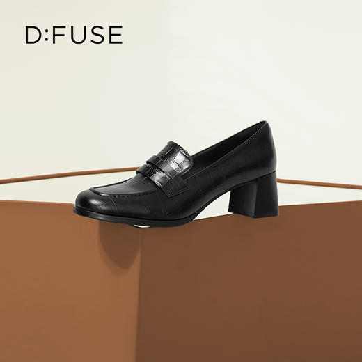 Dfuse迪芙斯秋款牛皮方头通勤粗跟英伦乐福鞋DF33112211 商品图13