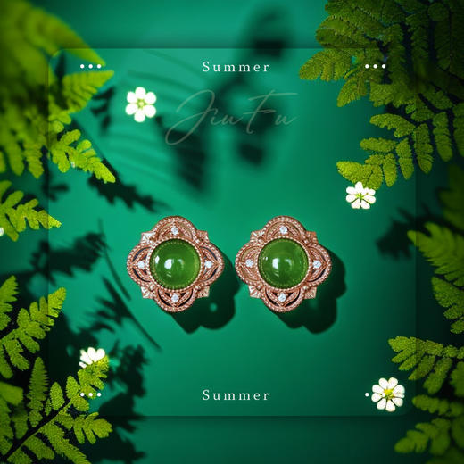 18K玫瑰金和田玉（碧玉）镶钻耳钉--锦瑞/半珠直径5mm/苹果绿 商品图0