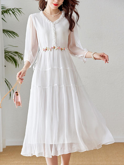 七分袖V领抽绳收腰，白色桑蚕丝真丝连衣裙SM-82393516 商品图2