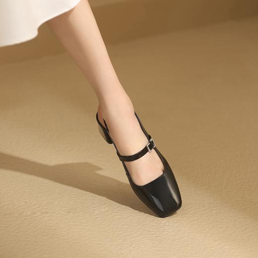 阿么手工女鞋玛丽珍方头法式6CM凉鞋时尚纯色百搭浅口粗跟不累脚 商品图4