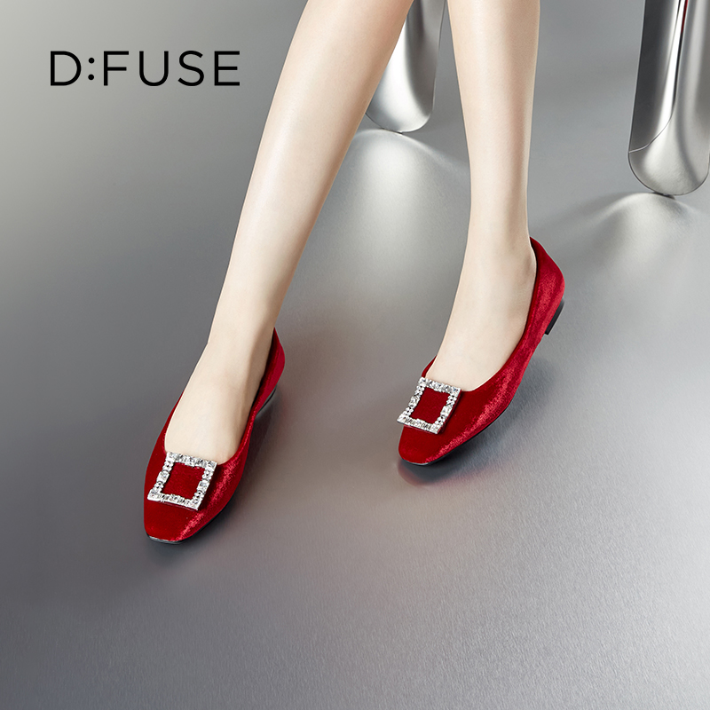 D:FUSE迪芙斯秋款单鞋女丝绒布优雅方头钻扣平底鞋女鞋DF33111018