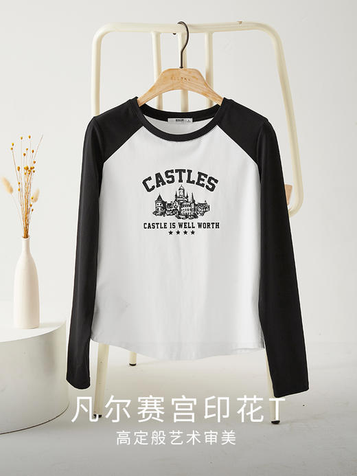【49元福袋不支持退换】熙世界美式复古印花长袖T恤女2025早秋修身显瘦圆领内搭打底上衣 商品图2