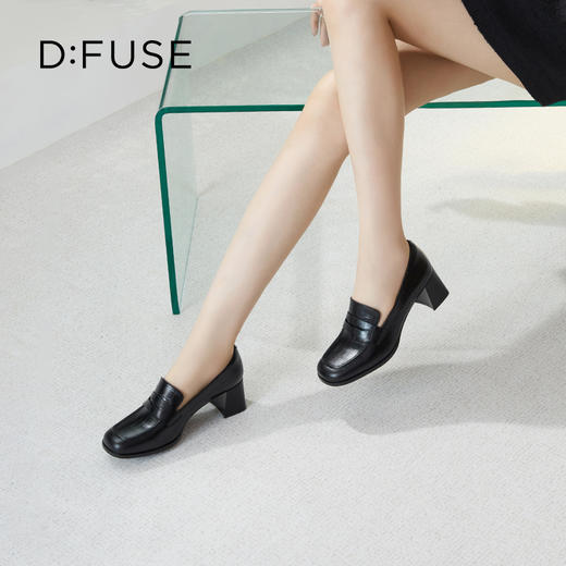 Dfuse迪芙斯秋款牛皮方头通勤粗跟英伦乐福鞋DF33112211 商品图11
