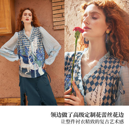 两三事梵高艺术都灵之马 夏季新款油画印花抽绳绑带长袖衬衫 商品图3
