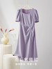 【专属特价】熙世界泡泡袖方领紫色连衣裙女夏2025新款法式别致收腰抽褶A字裙 商品缩略图3