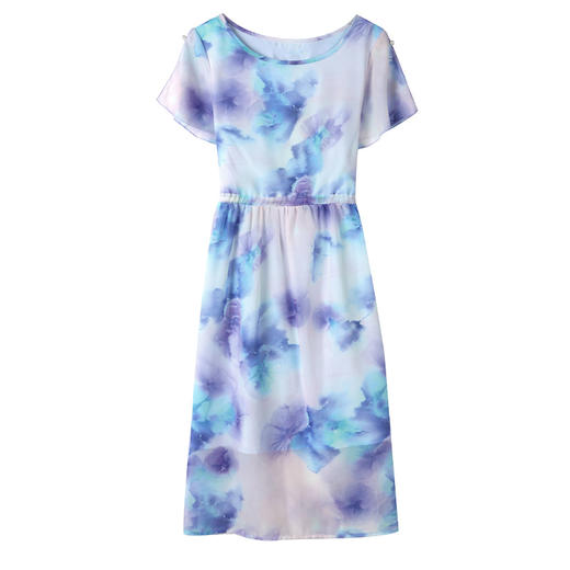 时尚优雅，夏季新款短袖气质收腰水墨印花法式雪纺连衣裙AHM-ybb5059 商品图4