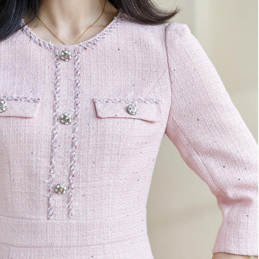 米思阳2025秋季新款温柔气质小香风连衣裙粉色修身显瘦中长裙2076 商品图4