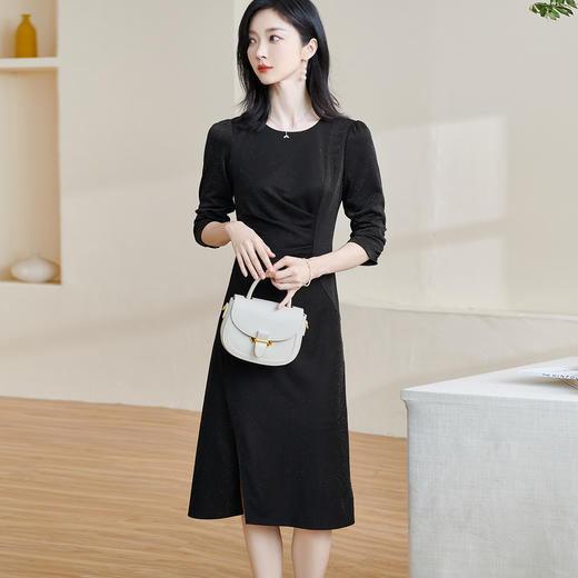 剩S/M 米思阳2024秋季新款轻奢别致气质小黑裙七分袖收腰显瘦连衣裙1930 商品图1