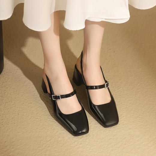阿么手工女鞋玛丽珍方头法式6CM凉鞋时尚纯色百搭浅口粗跟不累脚 商品图2