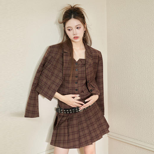 西遇英伦风格子西装女2023年秋季新款翻领宽肩韩版时尚咖色外套11831944 商品图4