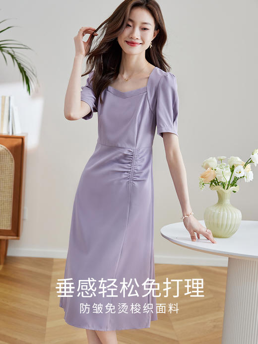 【专属特价】熙世界泡泡袖方领紫色连衣裙女夏2025新款法式别致收腰抽褶A字裙 商品图1