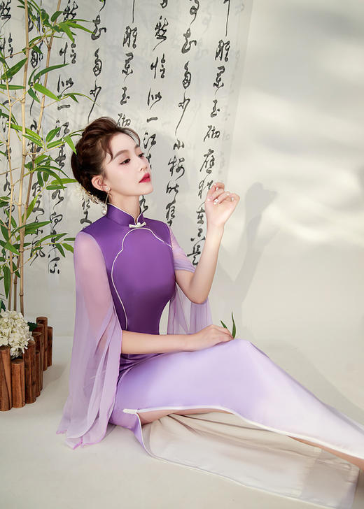 走秀旗袍长款夏秋季演出表演，礼仪旗袍大码宴会年会表演XYG- 紫色大袖拼接改良走秀 商品图4