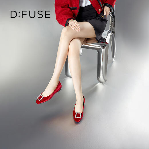 D:FUSE迪芙斯秋款单鞋女丝绒布优雅方头钻扣平底鞋女鞋DF33111018 商品图9