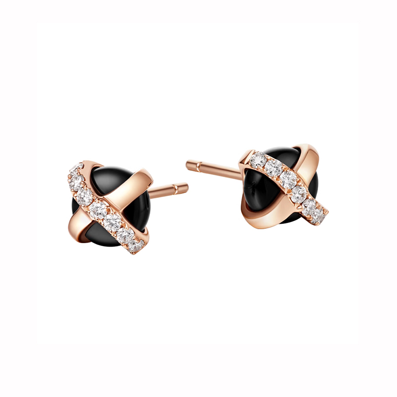 ［结·锁系列］18K玫瑰金钻石黑玉髓耳饰