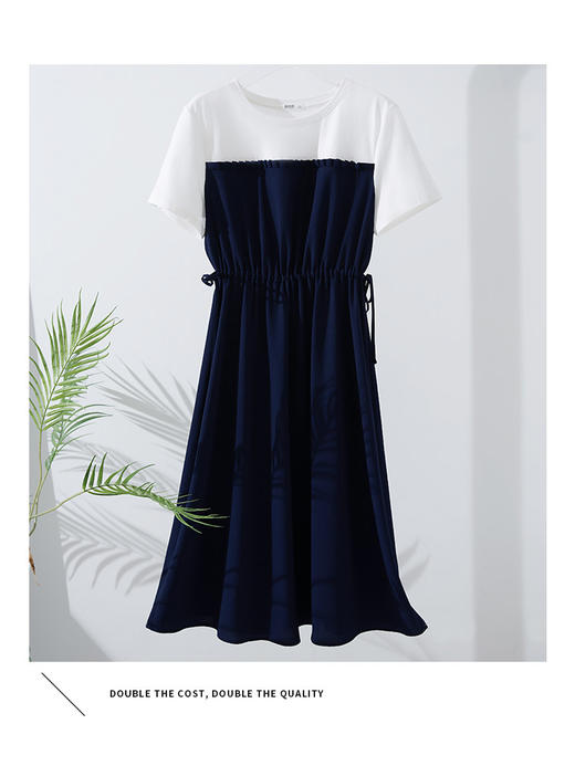 【五折购】熙世界连衣裙女夏显瘦收腰2025年新款法式撞色圆领假两件休闲裙子 商品图2