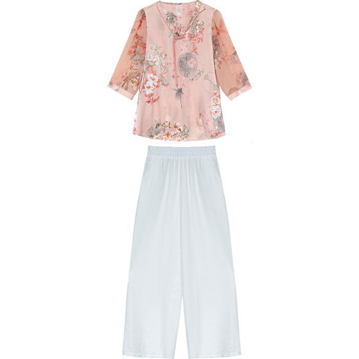 QYMKSY-QQ23836TZ-L 2023年夏款短款印花七分袖国风时尚小衫宽松休闲九分阔腿裤两件套 商品图4