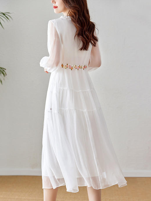 七分袖V领抽绳收腰，白色桑蚕丝真丝连衣裙SM-82393516 商品图1