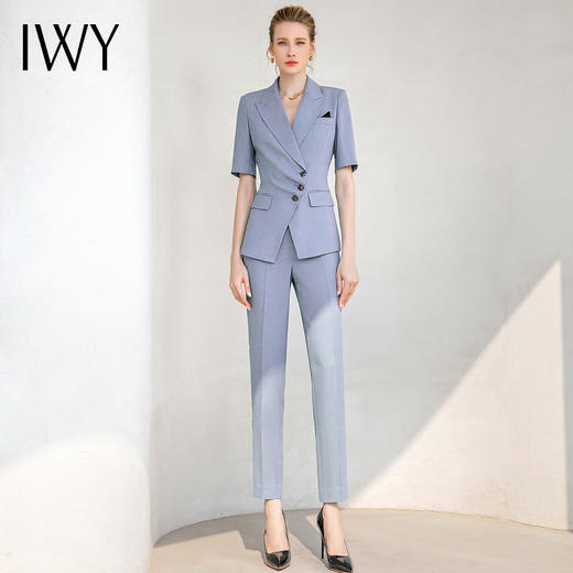 IWY/蓝色短袖西装小脚裤套装女气质正装职业装时尚设计感西装套装女232013CP1 商品图3