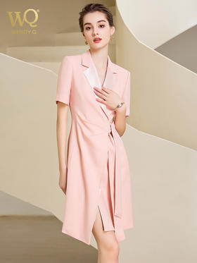 夏季高端粉色绑带连衣裙女短袖主持人职业装气质时尚