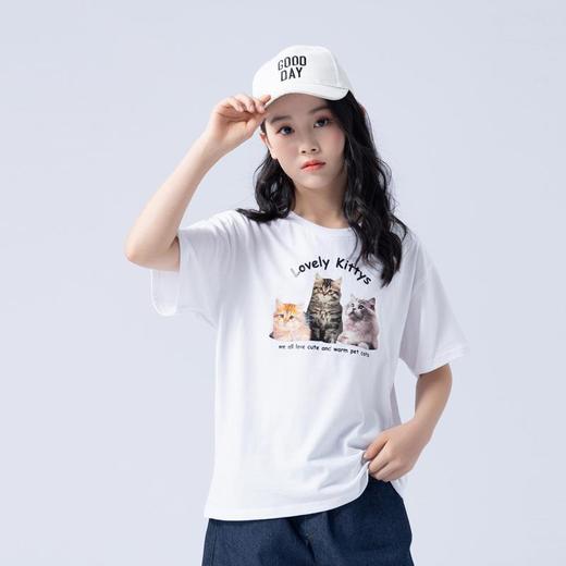 女童T恤2023夏季可爱猫咪印花纯棉短袖T恤韩版大童青少年女T恤 商品图3