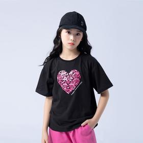 女童T恤2023夏季心形印花纯棉短袖T恤韩版时尚大童青少年女T恤