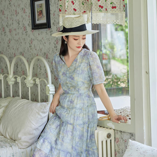 奢姿2026年夏装新款胖妹妹大码女装温柔风碎花茶歇法式高级感裙子9932890974 商品图1