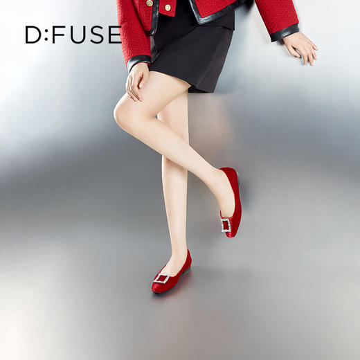 D:FUSE迪芙斯秋款单鞋女丝绒布优雅方头钻扣平底鞋女鞋DF33111018 商品图8
