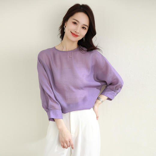 罗蒙舒适透气夏季百搭女式九分袖套头衬衫含莱赛尔圆领轻薄休闲衬衣女 商品图3