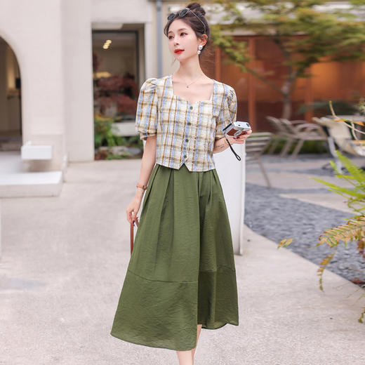 舒适棉麻，格子刺绣泡泡袖方领短袖上衣+纯色半裙套装HR-NSYY2306-5 商品图9