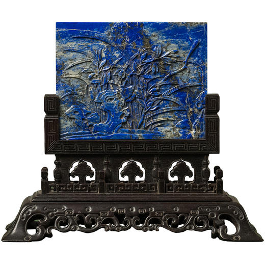 清 紫檀座青金石高浮雕兰花诗文插屏 商品图5