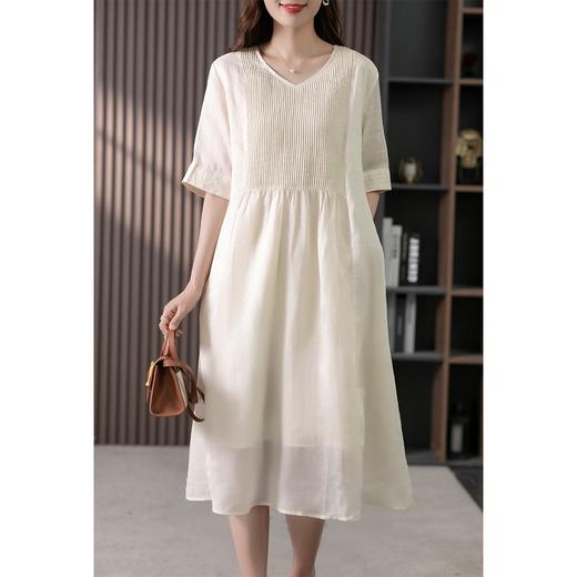 YX【现货七天】文艺V领苎麻连衣裙女2023夏季新款韩版设计感风琴褶显瘦长裙 商品图1