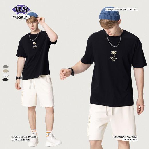 RS男装|2023夏季新款简约椰树刺绣花短袖日系街头宽松潮牌T恤男女 商品图4