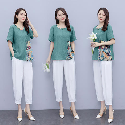 现货时尚套装，女夏装新款气质修身休闲洋气印花垂感裤两件套HR-SLF8137-1-1 商品图0