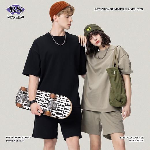 RS男装|2023夏季340g重磅纯色短袖T恤美式复古潮牌休闲短裤可套装 商品图0