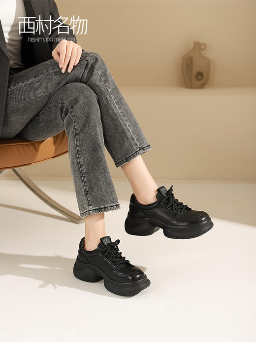 西村名物2023年秋季新款休闲厚底圆头增高潮流系带时尚女鞋T23CM34421 商品图1