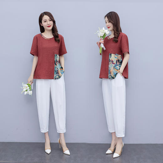 现货时尚套装，女夏装新款气质修身休闲洋气印花垂感裤两件套HR-SLF8137-1-1 商品图1