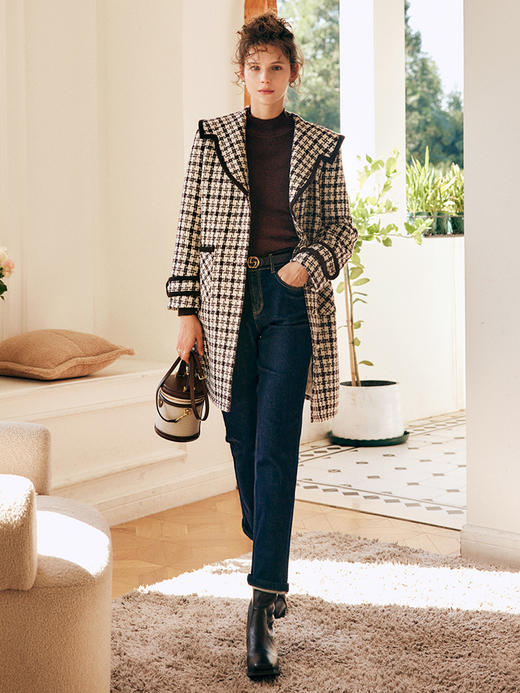 OLrain欧芮儿法式格纹外套女秋冬2022新款复古撞色粗花呢中长大衣 商品图3