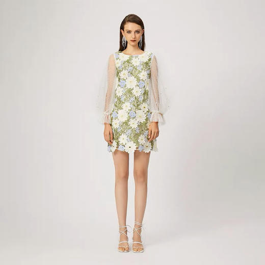 花卉水溶蕾丝钉珠泡泡袖连衣裙 商品图2