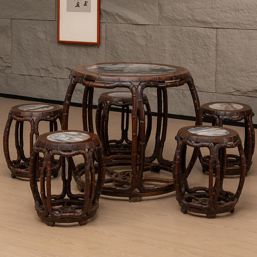 清 红木镶云石竹节工圆台鼓凳成套（一桌五凳） 商品图4