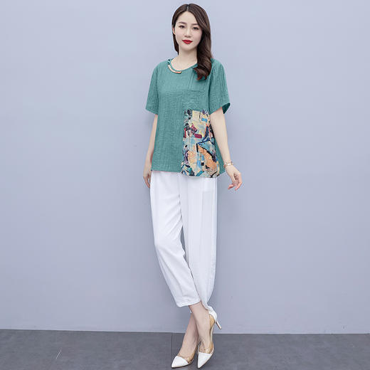 现货时尚套装，女夏装新款气质修身休闲洋气印花垂感裤两件套HR-SLF8137-1-1 商品图3