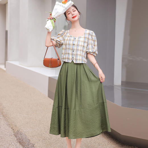 舒适棉麻，格子刺绣泡泡袖方领短袖上衣+纯色半裙套装HR-NSYY2306-5 商品图5