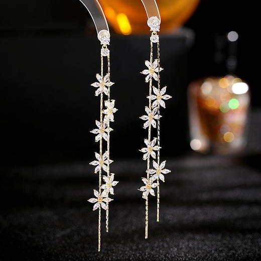 镀真金气质百搭，修饰脸型耳饰锆石花朵流苏耳环LY-E-080 商品图0