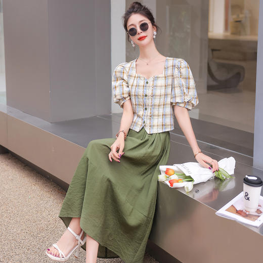 舒适棉麻，格子刺绣泡泡袖方领短袖上衣+纯色半裙套装HR-NSYY2306-5 商品图4